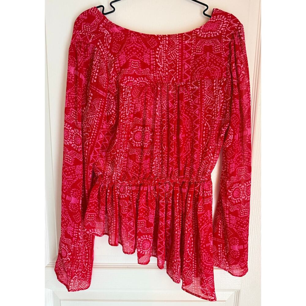 Free People Red White Faux Wrap Deep V Long Sleeve Asymmetrical Hem Tunic Size S - Picture 2 of 7